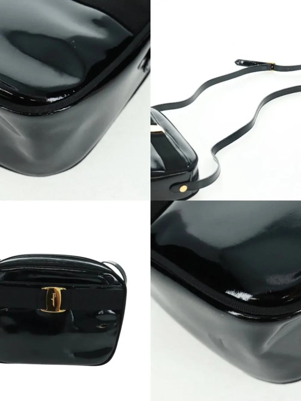 Salvatore Ferragamo Shoulder Bag Patent leather Black Gold Auth ka1226
